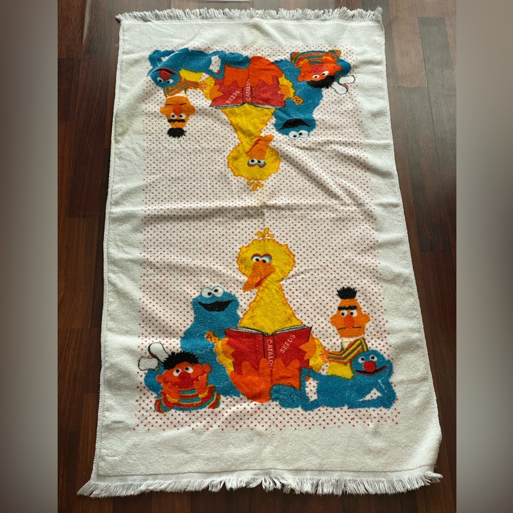 VTG Sesame Street Bath Towel Cookie Monster Big Bird Bert & Ernie 24”X 39”